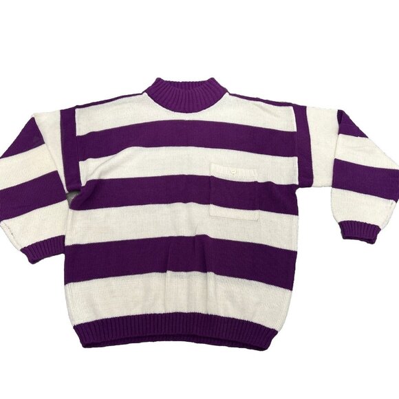 Vintage Bermuda Run Turtleneck Sweater Women’s L Purple Striped White Acrylic - Picture 1 of 14